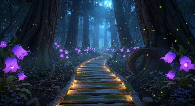 Magical night path through a glowing swamp forest with fireflies