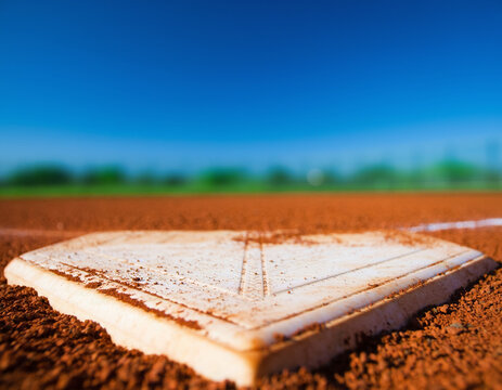 Close-up, low-angle perspective shot focusing on a white rubber home plate dusted with red clay dirt on a baseball diamond, featuring a vivid blue sky background and a clear sunny day atmosphere