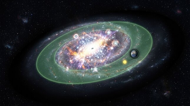 Galactic habitable zone demonstrating the rare earth hypothesis, showing safe stellar corridor for astrobiology and evolutionary biology, planetary astrophysics explaining fermi paradox.