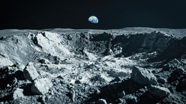 Lunar crater rim showing scarred geological surface, visualizing ballistic celestial shield absorbing cosmic impact, with pristine planet earth hanging safely inside silent dark outer space background