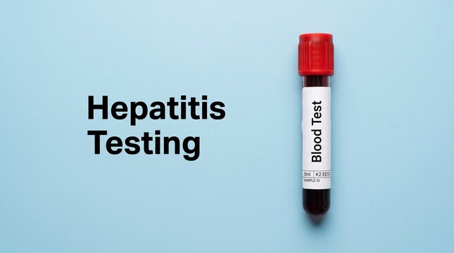 Hepatitis testing medical concept, blood test vial with red cap on blue background, clinical laboratory screening for liver disease and viral infection