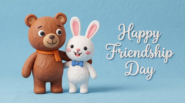 Happy Friendship Day greeting card, cute clay bear and bunny characters, 3D plasticine animal friends on blue background, whimsical claymation style