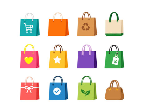 Colorful Shopping Bag Collection Flat Vector Illustration Set Isolated on White Background
