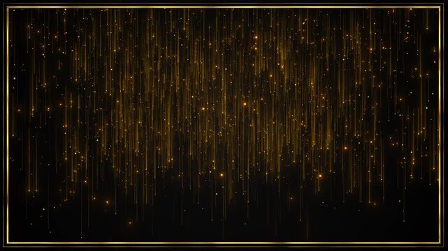 Golden rain frame background falling light streaks, sparkling particles, empty center, premium border style. award titles, gala , luxury invites, event screens, celebration promos, and elegant motion