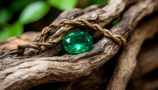 A Luminous Radiant Emerald Gemstone Resting Within the Twisted Wood of an Enchanted Ancient Forest Vine