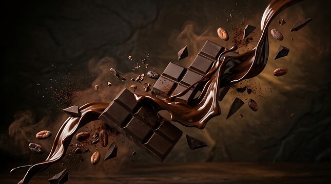 Dark chocolate bar pieces and liquid cocoa wave with beans splashing in mid-air on dark background