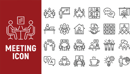 Fototapeta premium Professional meeting icon vector illustration set featuring business people teamwork collaboration video conferencing presentations brainstorming and office communication elements.