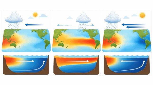 Trade Wind Comparison Diagram Showing Normal El Ni&ntilde;o and La Ni&ntilde;a Conditions