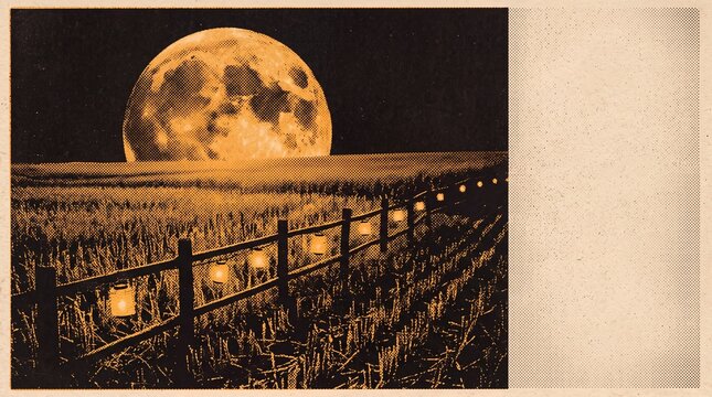 Harvest full moon rising over wheat field with glowing lanterns along wooden fence in retro halftone print style on cream paper with copy space area.