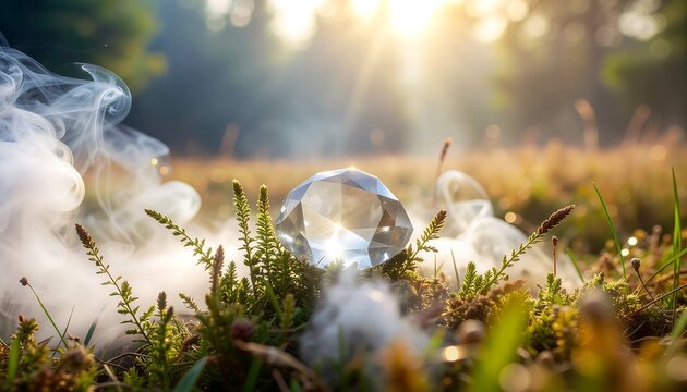 Radiant Magical Gemstone Nestled Amidst Ethereal Swirling Mist in a Sunlit Mystical Meadow Close Up Photography