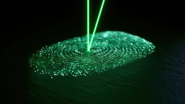 Futuristic biometric fingerprint scan with glowing green particles for secure digital identity verification