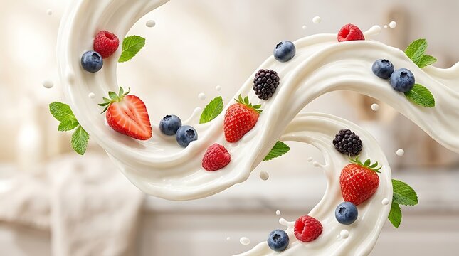 Creamy white yogurt swirl with flying fresh strawberries, blueberries, raspberries and mint leaves