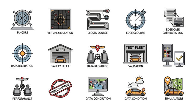Autonomous Vehicle Testing & Simulation Icons: Safety, Data, Validation, Simulation