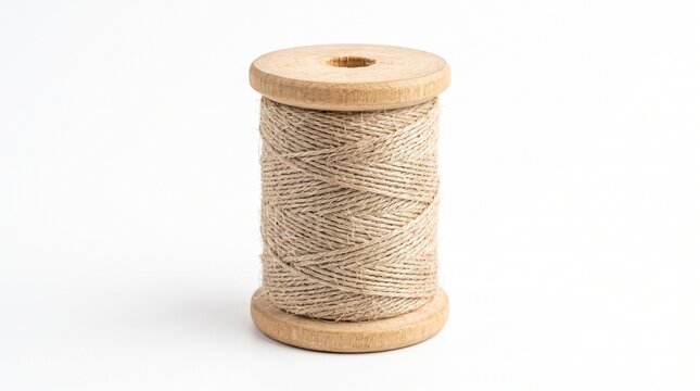 Natural linen thread spool for sewing, crafts, handmade products and sustainable textile concepts. Isolated on White background.