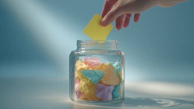 Hand putting yellow paper note into glass jar, colorful crumpled paper slips in clear container, concept of feedback and suggestions
