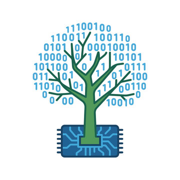 Green Digital Tree Growing From A Blue Electronic Circuit Board With Binary Code Background