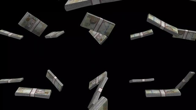 Bahrain Money, Bahraini Dinar Banknotes Falling On Black Background, BHD Currency Stacks Dark Cinematic, 4K