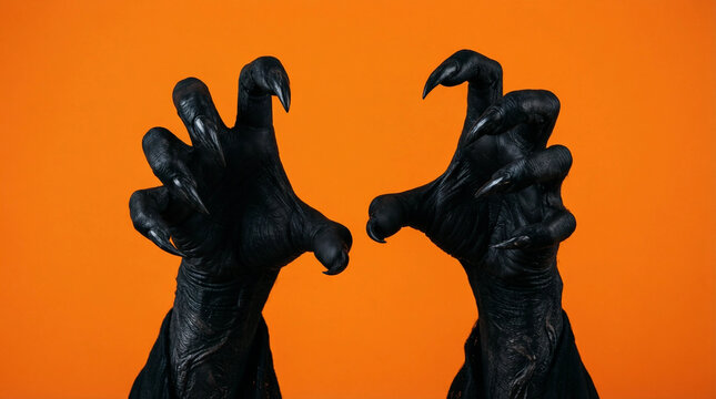 Two black clawed hands reaching forward against an orange background, Halloween-themed horror concept