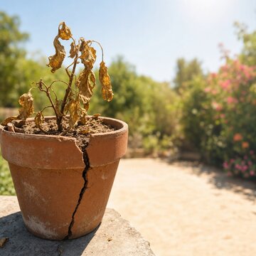 Dried plant in cracked pot symbolizing neglect and decay