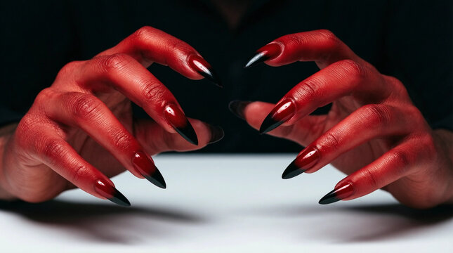 Red painted hands with long black nails reaching forward on a white surface