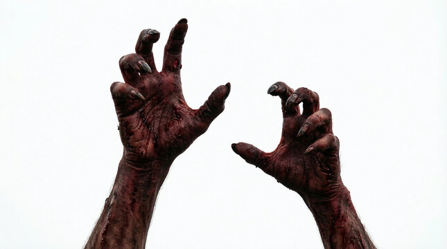 Two bloody zombie hands reaching up against a plain white background, horror concept for film or game design