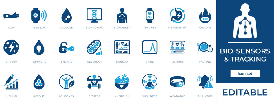 Biohacking and Bio-Sensors Solid Vector Icon Set for Wearable Health Tracking, CGM, Longevity, and Metabolic Fitness Analytics