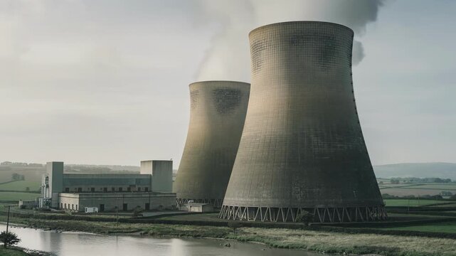Large cooling towers of a power plant with industrial buildings and green landscape in the background