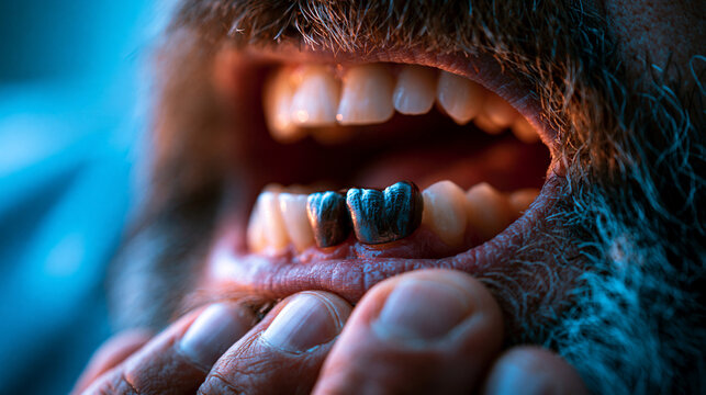 Man showing decayed teeth with dental problems dental care oral care