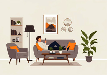 Fototapeta premium Vector flat design illustration of a man relaxing on a sofa using his smartphone in a cozy living room setting