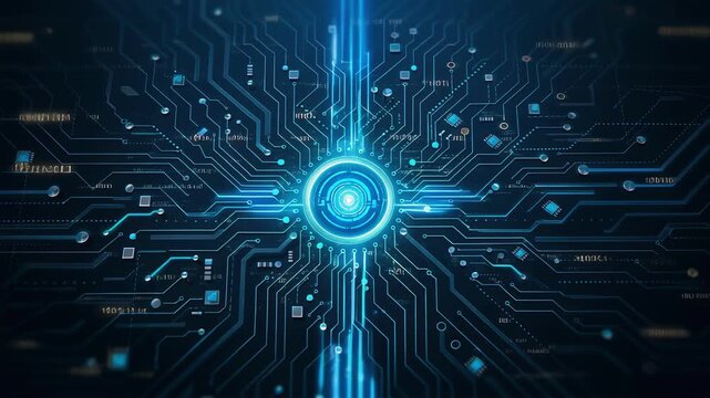 Futuristic digital circuit board with glowing blue connections and technology background