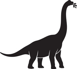 Black silhouette of a long neck dinosaur eating a green leaf isolated on white background art graphic. © Sheplob