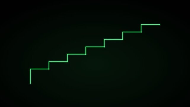 ascending staircase growth chart on a black background, profit green color