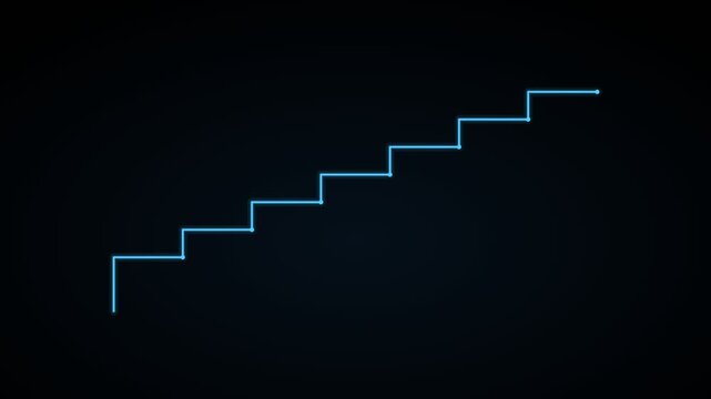 ascending staircase growth chart on a black background, cyan color