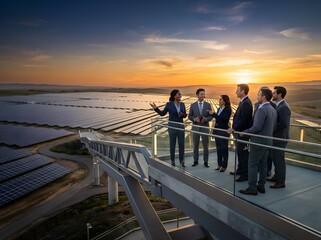 Fototapeta premium Business team overlooking solar farm at sunset corporate leadership and renewable energy concept