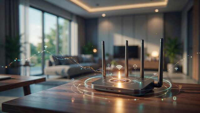 Modern smart home interior with futuristic wireless charging technology and digital connectivity on a wooden table