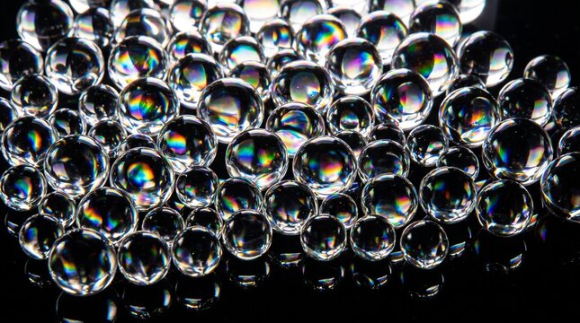 Transparent glass spheres on black background. Abstract crystal balls with light refraction.