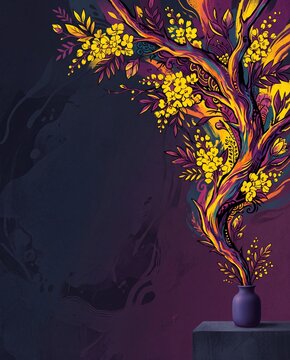 Blooming yellow mimosa branch in purple vase painted in vibrant ornate mural style on dark violet background with swirling texture and copy space.
