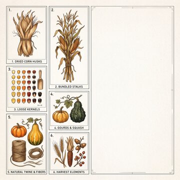 Autumn harvest chart with dried corn husks bundled stalks kernels gourds squash and twine illustrations beside blank panel for thanksgiving design.