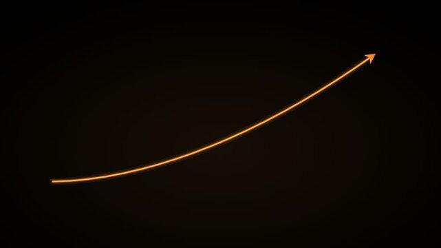 rising growth curve with an arrow head on a black background, amber color