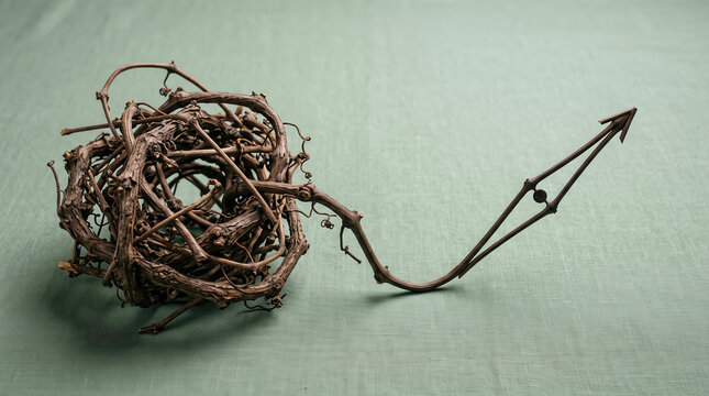 Creative grapevine twig forming a compass needle pointing upward on soft green fabric background