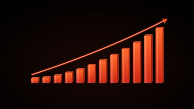ascending 3D bar chart with a rising curved arrow on a black background, red and orange color