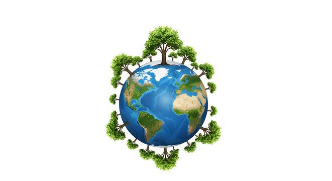 Earth globe surrounded by green trees representing global ecology