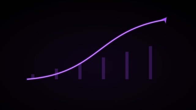 big rising curved arrow over growth bars on a black background, violet color