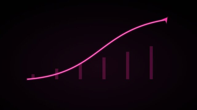 big rising curved arrow over growth bars on a black background, pink color