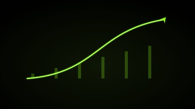 big rising curved arrow over growth bars on a black background, lime green color