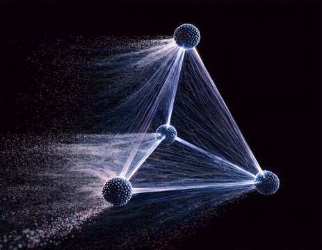 A single transparent blue tetrahedral molecular network emerging from darkness, with ultra-thin glowing atomic bonds that gradually dissolve into microscopic particles.