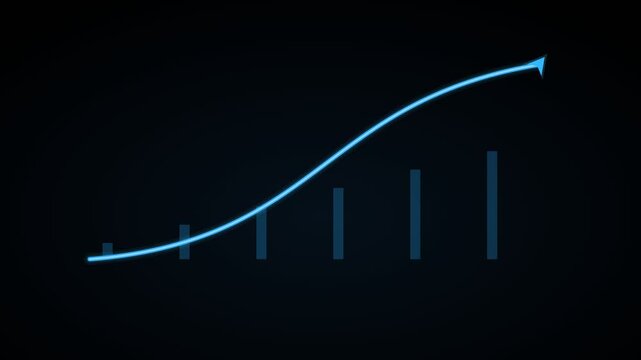big rising curved arrow over growth bars on a black background, cyan color