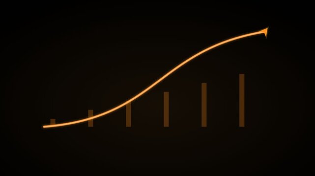 big rising curved arrow over growth bars on a black background, amber color