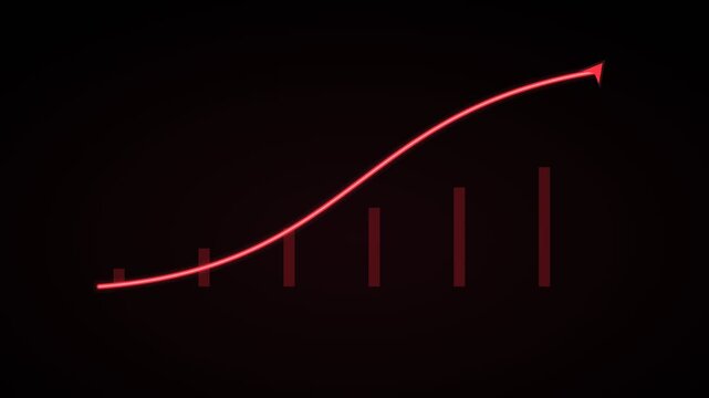 big rising curved arrow over growth bars on a black background, crimson red color