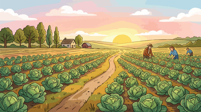 Agricultural Scene of Farmers Working in a Cabbage Patch during Golden Hour Sunset with Countryside Landscape